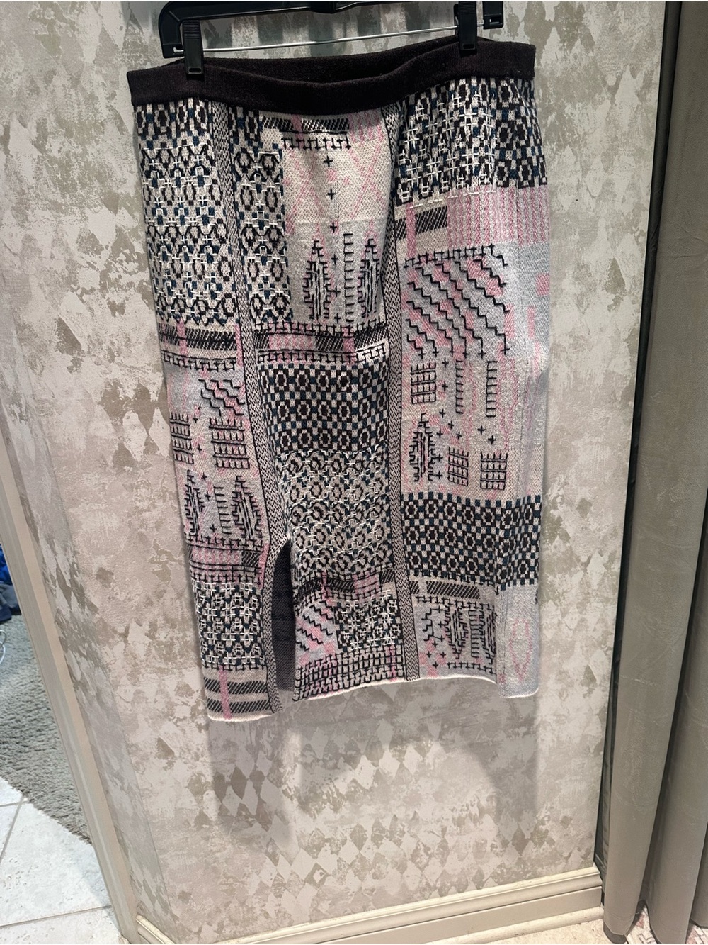 Anthropologie Pink, Black & White Patchwork Knit Midi Skirt